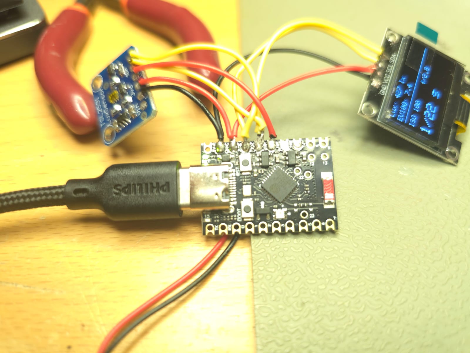 Close view of the wired ESP32-C6 light meter prototype board